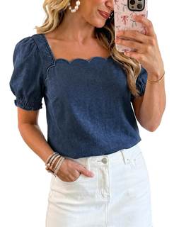 Womens Denim Top Jean Country Concert Square Neck Puff Sleeve Shirts | Sweetheart Neckline, Short Sleeve, Squa
