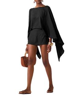 MakeMeChic Women's Linen Sets 2 Piece Sets Summer Poncho Tops and Skorts Vacation Outfits Large Black