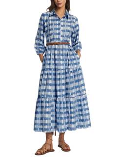 D-Sun Women Long Sleeve Maxi Dress V Neck Button Down Plaid Shirt Dress 3/4 Sleeve Flowy Tiered Collared Casua