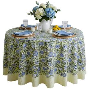 ATOSII Cotton Blockprint Round Tablecloth, Amara Green, 72 Inches | 100% cotton washable table cloth with flor