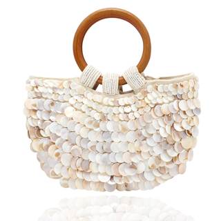 Miuco Shell Purse For Women Handmade Seashell Beaded Clutch Beach Wooden | Top Handle Bag White Small