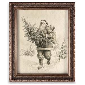Old World Christmas Wall Art, Vintage Santa Claus Bringing Home Christmas Tree Illustration Print, Antique Win