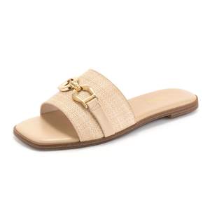 Rihero Women's Flat Sandals Square Toe Metal Buckle Summer Slide Sandals | Soft Faux Leather/Raffia/Fabric Upp
