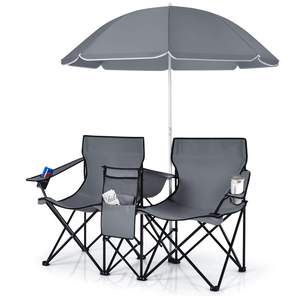 COSTWAY Double Portable Picnic Chairs, Folding Camping Chairs w/Detachable Umbrella, Cooler Bag, Cup Holders,