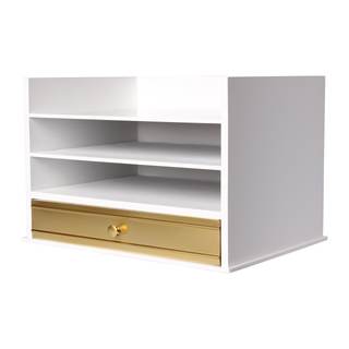 Kate and Laurel Industrious Desktop Wood Letter Tray with 3 Trays and Drawer, White and Gold Gold/White 12.8" 