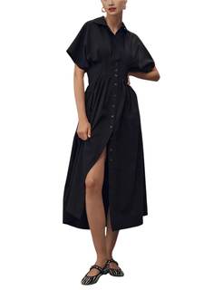Yeokou Shirt Dress for Women Summer Casual Short Sleeve Button Down Loose Pleated Maxi Sundress with Pockets B