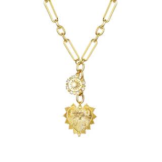 Sun Heart Charm Choker Necklace for Women Men,Golden Plated With Zircons Inlaid Pendants,Thick Chunky Papercli