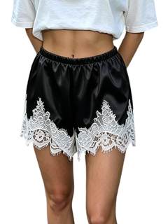 UAURORAO Women Satin Silk Shorts Lace Trim Patchwork Mini Micro Shorts Silky Low Rise Coquette Lounge Slip Bot