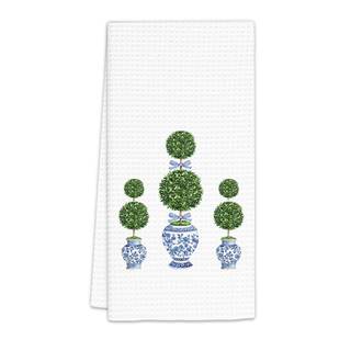 Blue and White Porcelain Kitchen Towels, Chinoiserie Decor Blue and White Dish Towels, Topiary Trees Decorativ