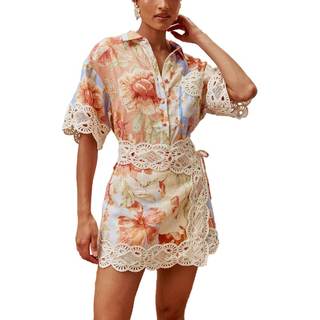 Women Going Out 2 Piece Set Sexy Lace Half Sleeve Lapel Button Down Shirt Tops and Skirts Set Casual Vacation 