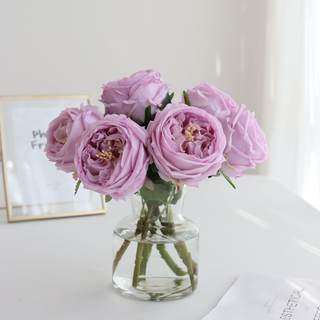 Fake Austin Rose Peonies Flowers with Vase, Clear Glass Vase with Purple Real Touch Peonies Artificial Flowers