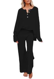 Pink Queen Women's 2 Piece Fall Outfit Lounge Set Long Sleeve Button Pullover Sweater Matching Wide Leg Pants 