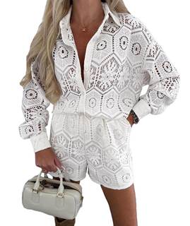 SOMTHRON Women's Crochet 2 Piece Outfits Lace Eyelet Button Down Shirt Top Wide Leg Shorts Tracksuit Matching 
