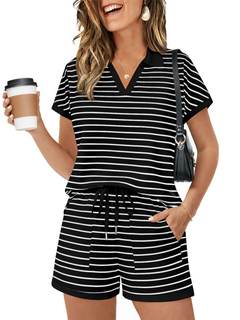 Yousify Womens 2 Piece Short Sets Summer Set Casual Vacation Lounge Set | Striped Summer Set, Colorblock Two P