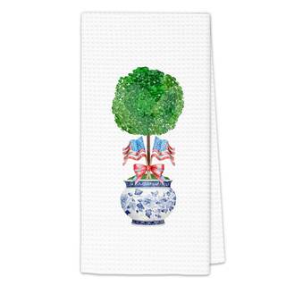 4th of July Chinoiserie Kitchen Towels, Blue Grandmillennial Decor Hand Towels, Patriotic American Flag Topiar
