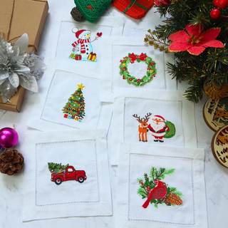 HCRAFT Embroidered White Cocktail Napkins 6"x6" Set of 6 Cloth Napkin Coasters, Mix Christmas Embroidered Cock
