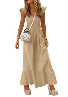 PRETTYGARDEN Women's Summer Smocked Maxi Sun Dresses | Cap Sleeve V Neck, Fit and Flare, Flowy Long, Pockets A