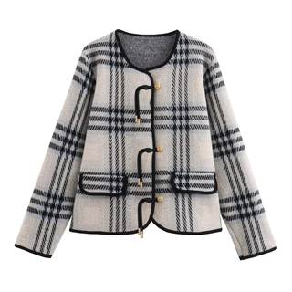 HOULENGS Women's Vintage Button Down Cardigan Sweater Plaid Print Long Sleeve Knit Coat Fall Fashion Outerwear