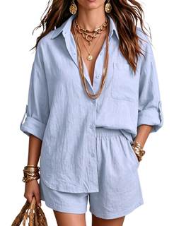 Gozoloma Women's 2 Piece Cotton Linen Set Adjustable 3/4 Sleeve Button Down Shirt & Shorts with Pockets Casual