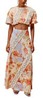 Skirts Set Two Piece Sets for Women Floral Print Lace-Trim Crop Tops Maxi Skirt Elegant Dinner Outfits Colorfu