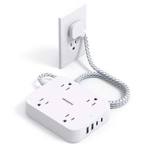 Flat Plug Extension Cord, 4 Widely Power Strip with 4 USB Ports(2 USB C) | HANYCONY 5ft Outlet Extender, Wall 