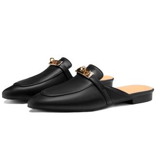 Design Mules for Women, Almond Toe Slip-On Flats, Backless Loafers with Matal Buckle, Comfort Casual & Dressy 