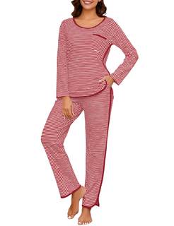 Womens Cotton Pajama Sets Stripe 2 Piece Lounge Set Long Sleeve Comfy Pj Sets Fall Loungewear Sleepwear with P