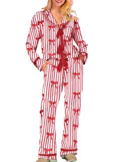 Bow Pajamas Set for Women Cute Bow Tie Long Sleeve Shirt Pants Satin Silk Heart 2 Piece Pjs Set Sleepwear XX-L