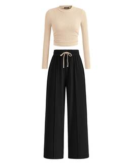BTFBM Casual Ribbed 2 Piece Sets For Women Fall 2026 | Ruched Slim Long Sleeve Crop Top, Elastic Waist Wide Le