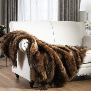 Luxury Plush Faux Fur Throw Blanket, Long Pile Brown with Black Tipped Blanket, Super Warm, Fuzzy, Elegant, Fl