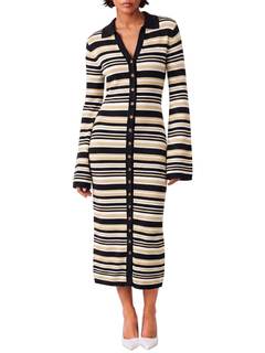 Wenrine Womens Long Cardigan Sweater Dress Striped Button Down Midi Dresses | V Neck, Long Sleeve, Collared, F