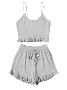 Avanova Women Sexy 2 Piece Pajama Set Ruffle Trim Cami Top and Shorts Sleepwear Set Small Grey