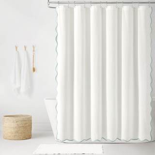 Lush Decor Coastal Chic Scallop Edge Linen-Textured Shower Curtain, Single 72" W x 72" L, Blue & White - Scall
