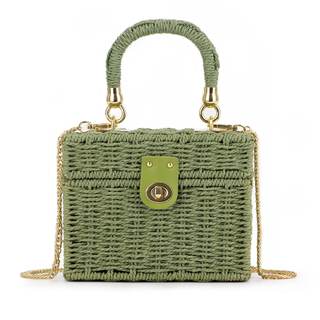 Fecialy Women Handwoven Rattan Handbag Beach Straw Tote Bag Square Boho Crossbody Bag Green