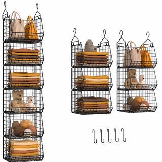 6 Tier Closet Hanging Organizer, Clothes Hanging Shelves with 4 Hanging Hooks 5 S Hooks, Wire Storage Basket B