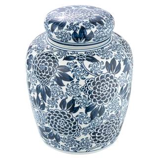 Creative Co-Op Decorative Chrysanthemum Ceramic Ginger Jar with Lid, Blue and White Blue and White 8.25" High
