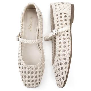 Woven Ballet Flats Shoes for Women Square Toe Mesh Mary Jane Flat with Adjustable Strap, Dressy, Comfortable a