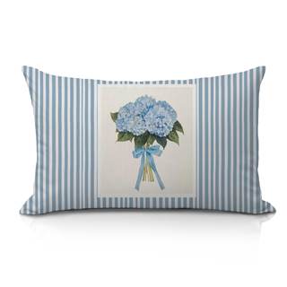 Blue Hydrangea Floral 12x20 Pillow Cover, Blue Room Decor Aesthetic, Preppy Girly Hydrangea Flower Striped Lum