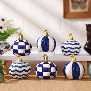 DoubleFill 6 Pcs Grid Blue Ceramic Chinoiserie Pumpkins Fall Farmhouse Table Centerpiece Porcelain Pumpkin Tie