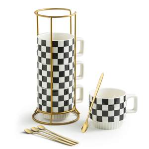 Miamolo Stackable Coffee Mug Set of 4 with Rack and Spoons, Space-saving | 11 oz, Ceramic | Checkered Black an
