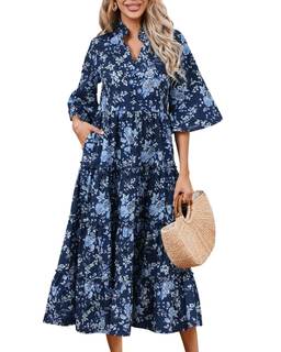 Women's Floral Ruffle Midi Dress V Neck Bell Sleeve Flowy Tiered Long Dress Navy Blue Small