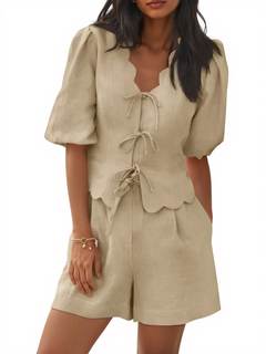 Cicy Bell Womens Summer 2 Piece Short Sets Puff Sleeve Pajamas Matching Set | Short Sleeve, Ruffle V Neck, Bow