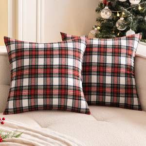 Scottish Tartan Plaid Throw Pillow Covers 18x18 Red White Set of 2 | Farmhouse Classic Plaid Decorative Square