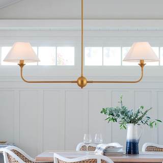 Modern Linear Chandeliers for Dining Room, Gold Island Light Fixtures with Off-White Fabric Shade, Rustic Line