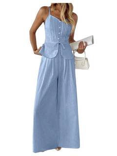 SOLY HUX Women's 2 Piece Summer Outfit Button Down Peplum Cami Top and Wide Leg Pants Set Small Pure Blue