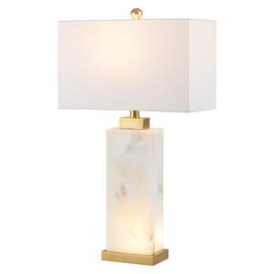 JONATHAN Y Elizabeth Alabaster Nightlight Lamp 27.5", White/Gold Painting | Linen Rectangle Shade, 4-Way Rotar