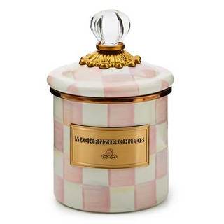 MACKENZIE-CHILDS Enamel Canister, Demi, Pink-and-White Rosy Check | Hand-painted design, versatile kitchen sto