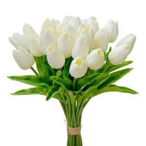 Mandy's 28pcs Artificial Cream Tulips | 13.5 Inch Lifelike PU Tulips Faux Floral Arrangement for Kitchen Islan