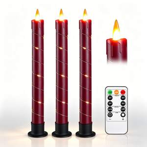 Da by 3 Pack Red Dripping Wax Flameless Candles, Realistic Dynamic Flame LED Taper Candles with Surrounding Fa