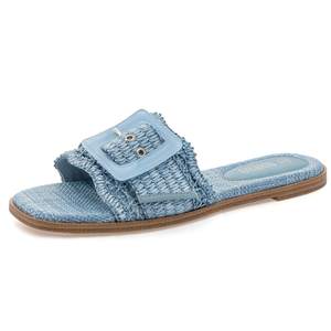 Rihero Women's Raffia Flat Sandals Square Open Toe Summer Beach Slip On Woven Buckle Slide Sandals